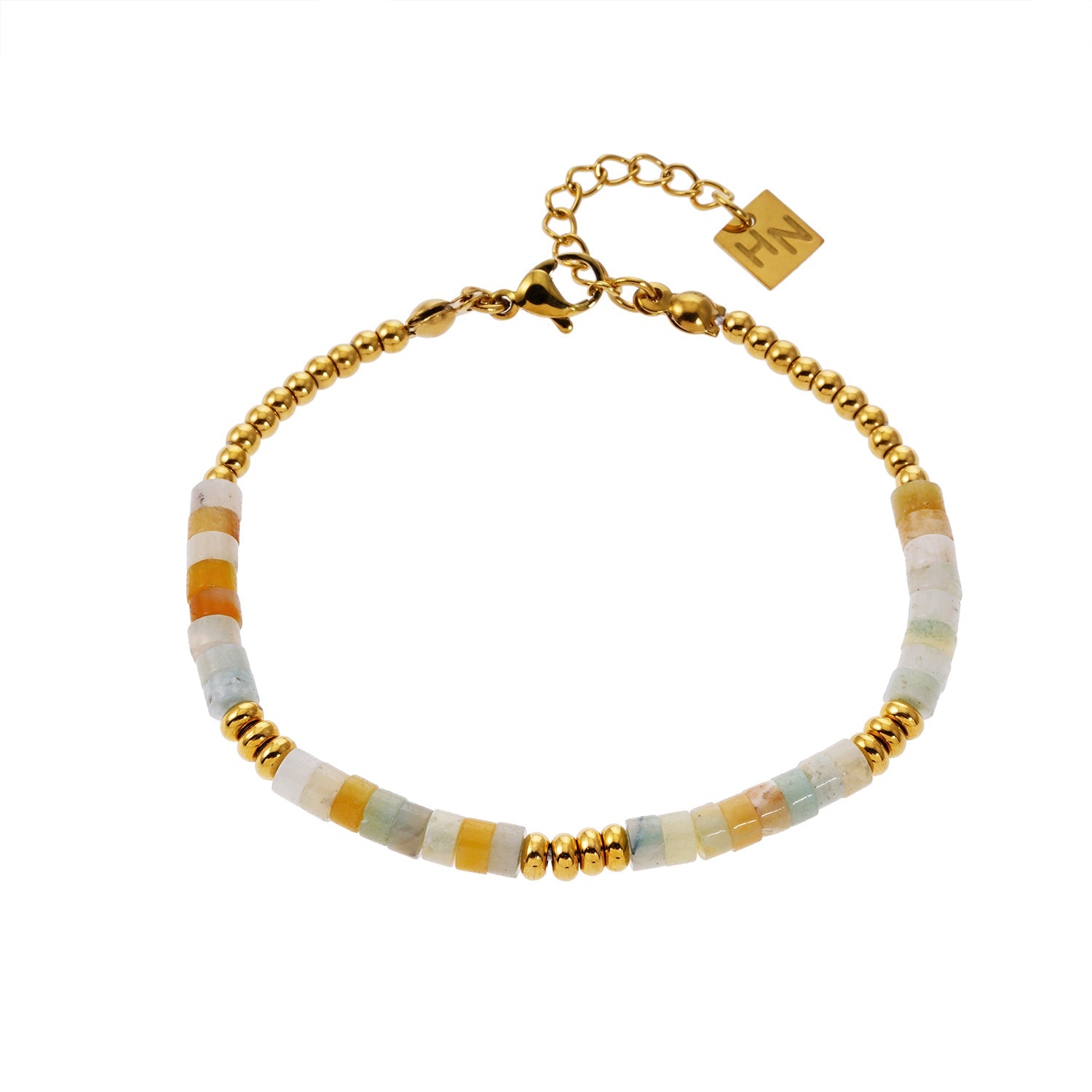 SUMAN : Bracelet en pierres d'aventurine rose et perles dorées.