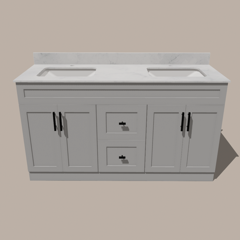 72-Inch Double Sink Shaker Bathroom Vanity — White or Gray | Plywood Cabinet, Solid-Wood Doors, Soft-Close 3-Way Clip-On Hinges | Center 2 Drawers
