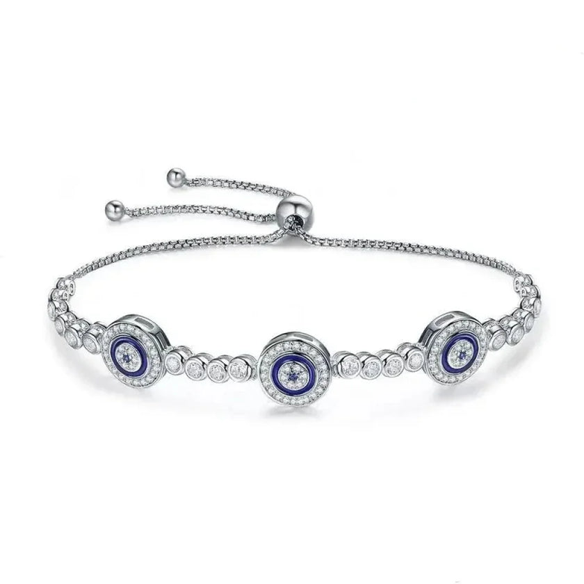 Genuine 925 Sterling Silver Evil Eye Tennis Bracelet w/ Blue CZ | Adjustable