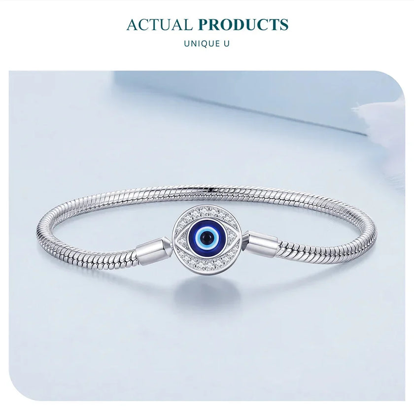 Sterling Silver Evil Eye Charm Bracelet with CZ – Snake Chain