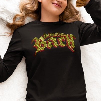 Bach 80s Glam Rock Rhinestone Apparel – Sparkly Band Style Hoodie, T-Shirt & Crewneck | Premium Rhinestone by Blingdazzel