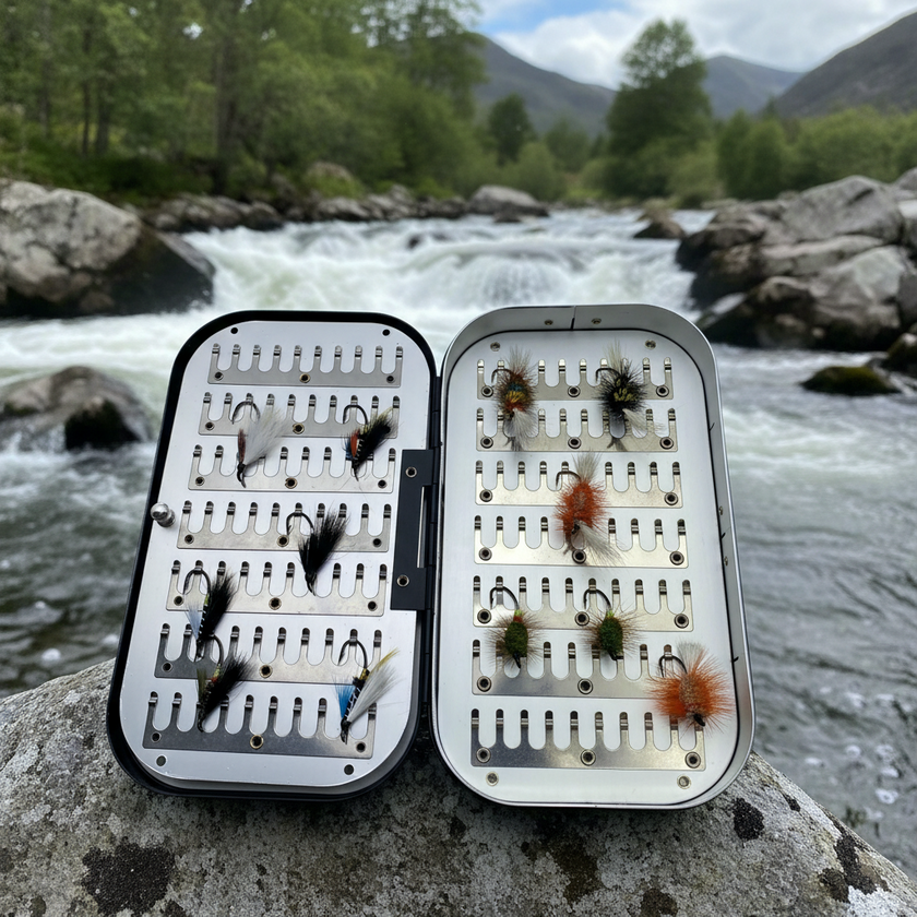 Fly Fishing Kit, Atlantic Salmon Flies, Mixed Selection, with Aluminum Flybox + Engraved Image