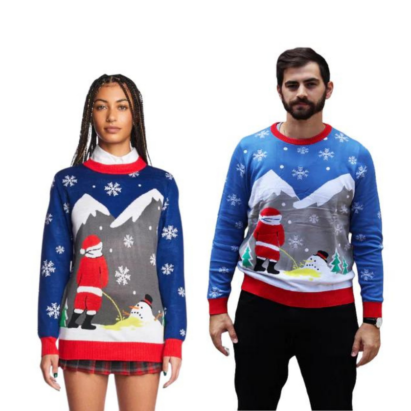 Couple - Pull de Noël représentant le Père Noël faisant pipi sur un bonhomme de neige qui fond.