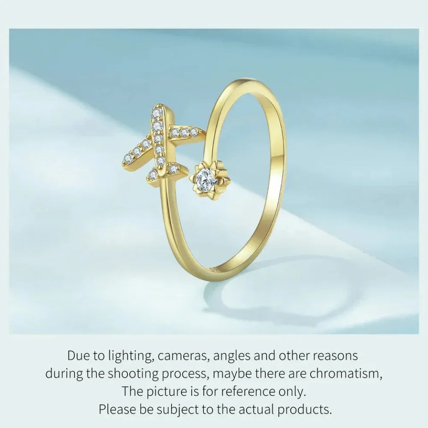925 Sterling Silver CZ Flying Plane Open Ring