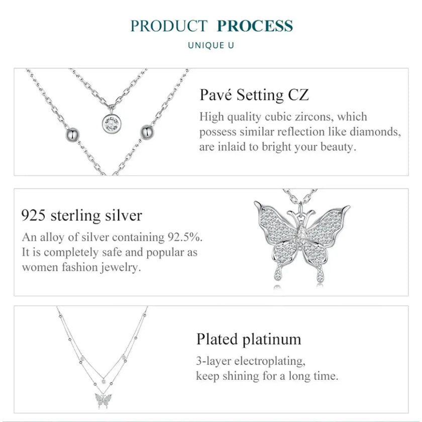 925 Sterling Silver Double-layer Tassel Butterfly Pendant Necklace for Women - Elegant Fine jewelry