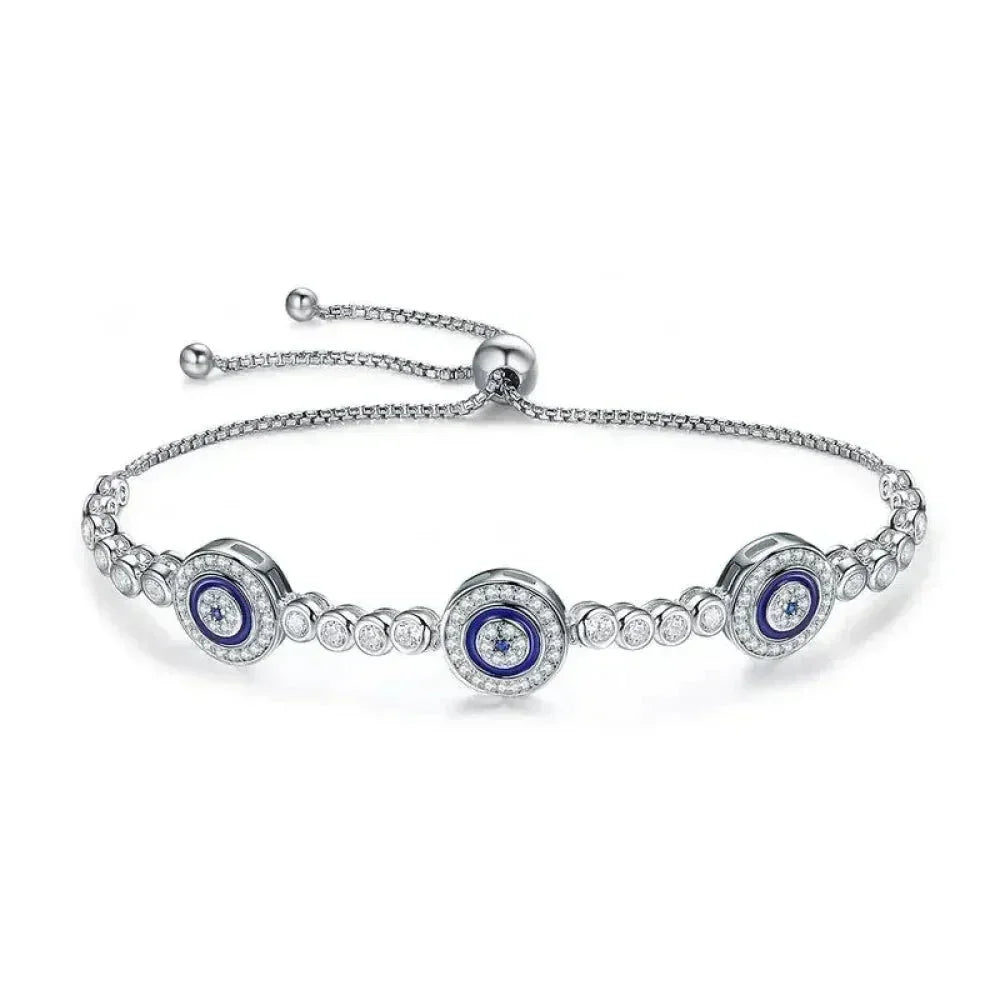 Genuine 925 Sterling Silver Evil Eye Tennis Bracelet w/ Blue CZ | Adjustable