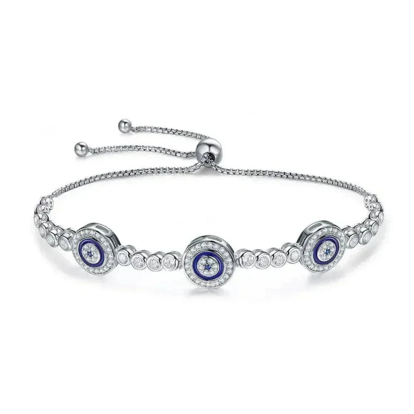 Genuine 925 Sterling Silver Evil Eye Tennis Bracelet w/ Blue CZ | Adjustable