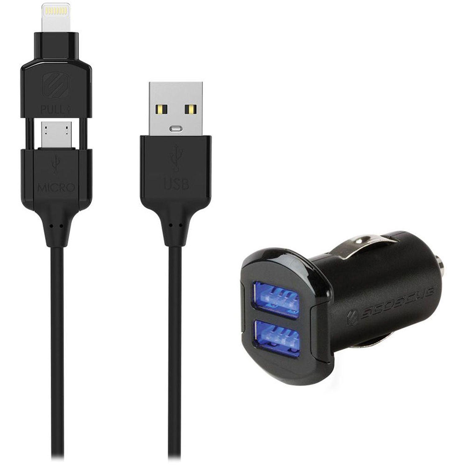 Scosche - Charge & Sync Lightning/Micro - USB 2-in-1 MFI to USB-A Cable Black & Car Charger 2 Port 24A Black StrikeDRIVE Kit
