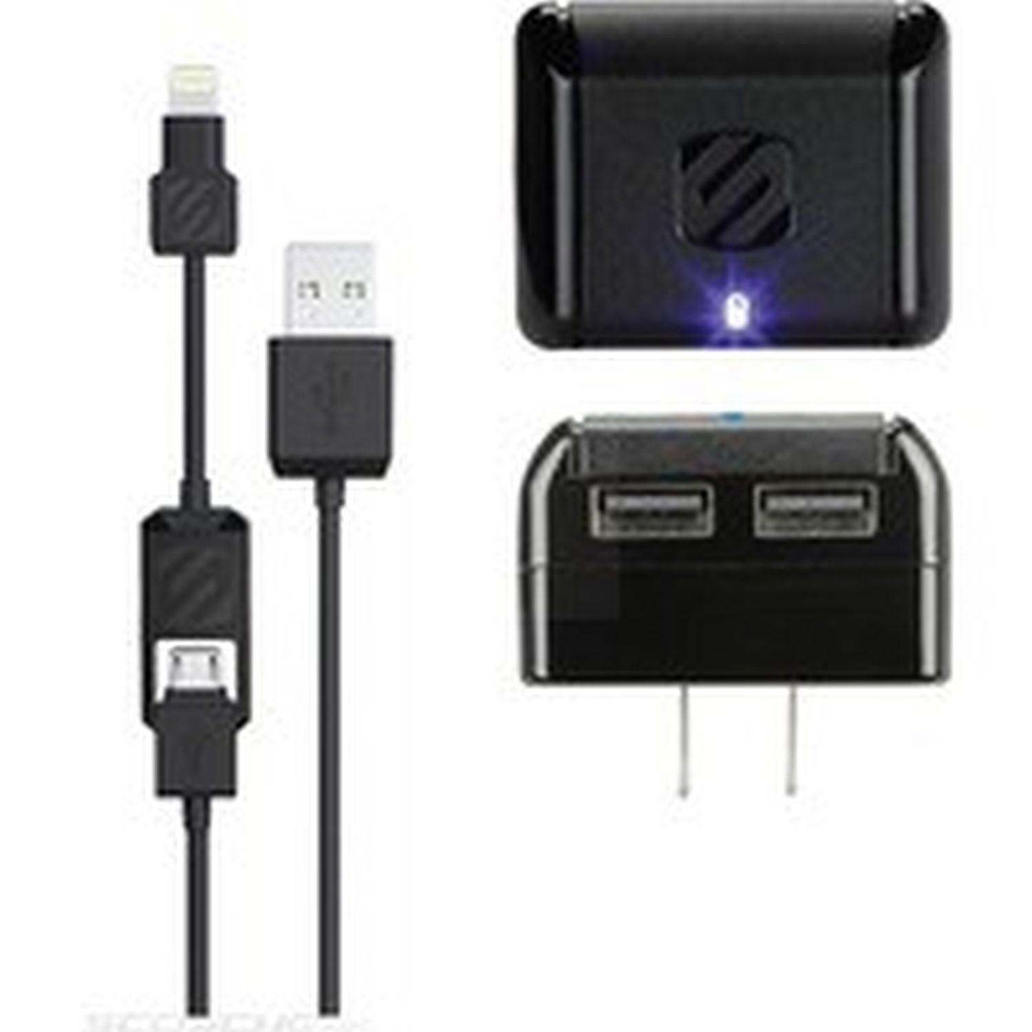 Scosche - Wall Charger 2 Port 5W with Lightning/Micro USB MFI to USB-A 3ft Cable Black StrikeLinE