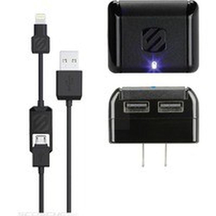 Scosche - Wall Charger 2 Port 5W with Lightning/Micro USB MFI to USB-A 3ft Cable Black StrikeLinE