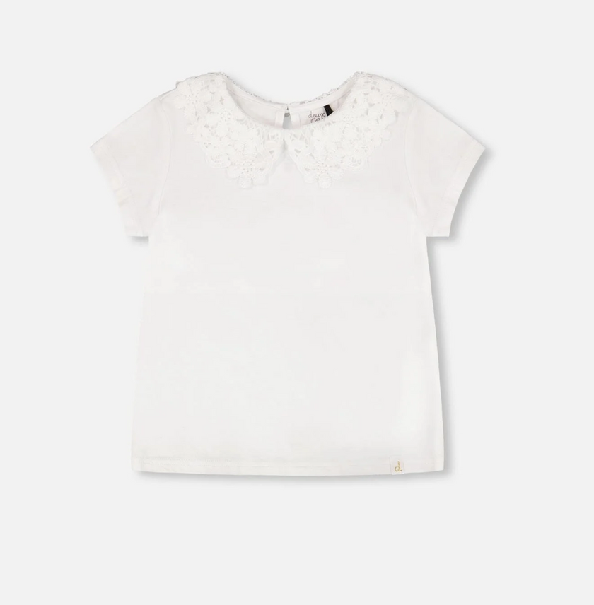 T-Shirt with Crochet Peter Pan Collar | White | Duex par Deux
