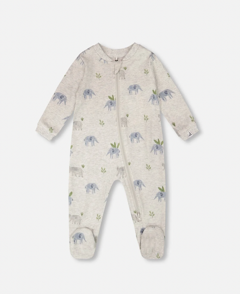 Organic One Piece PJ | Elephant Print on Grey | Deux Par Deux