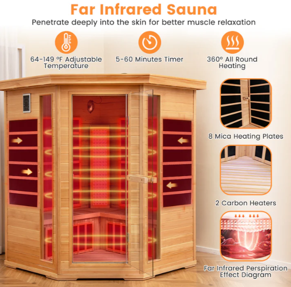 Spa Startup Kit Package – Costway 3-5 Person Infrared Corner Sauna with Bonus Red light Therapy Panel + Ice Barrel 500 Cold Plunge & Commercial Costway 4D Full Body Massage Chair JL10039WL