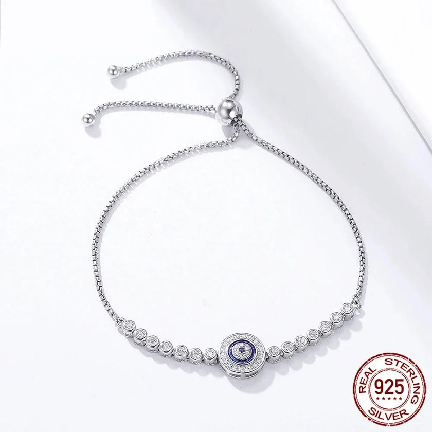 Sterling Silver Evil Eye Tennis Bracelet with CZ – Adjustable