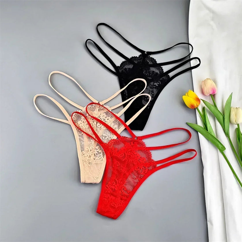 3-Pack Lace Peekaboo G-Strings – Strappy, Sheer, & Seductive T-Back Thongs
