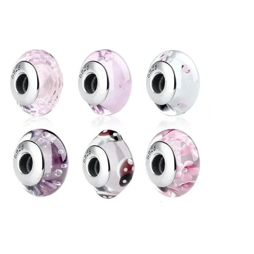 925 Sterling Silver Pink Flower Murano Glass Beads - Diy Bracelet Charms For A Festive Touch (Scz001)