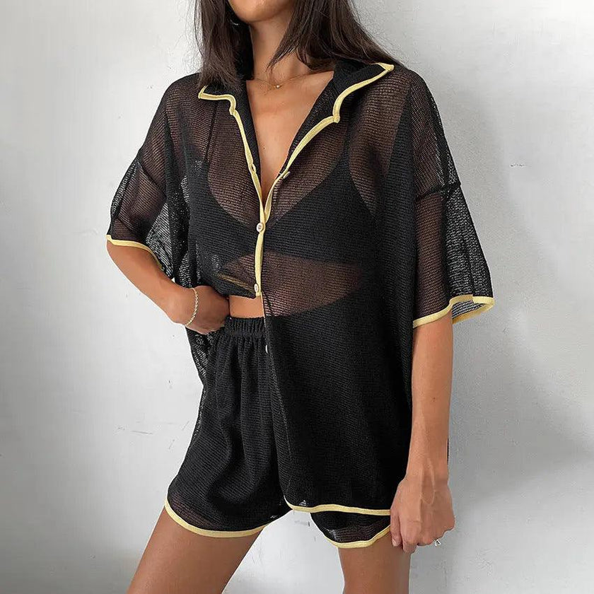 See-through Cardigan Pajamas Two-piece Set For Women