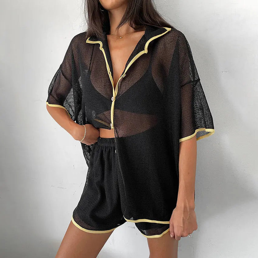 See-through Cardigan Pajamas Two-piece Set For Women