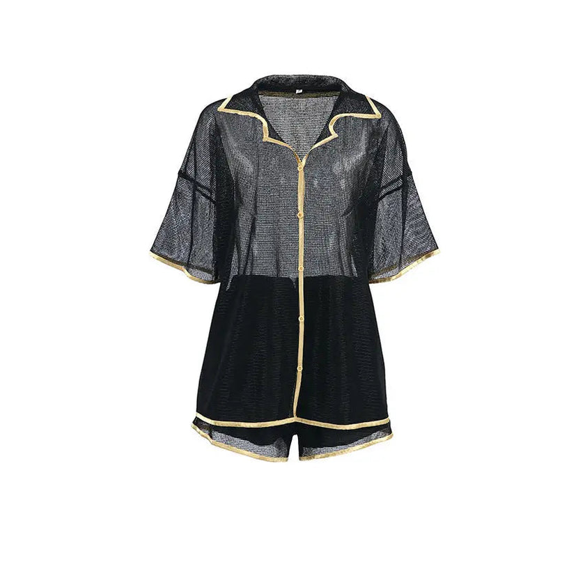 See-through Cardigan Pajamas Two-piece Set For Women