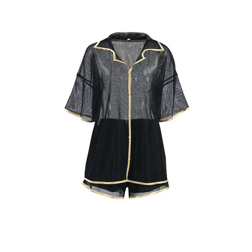See-through Cardigan Pajamas Two-piece Set For Women