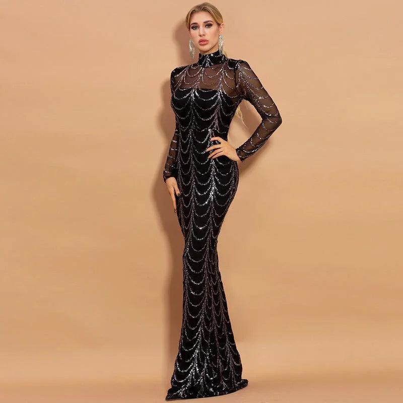 Sequins Women Maxi Dresses Long Sleeve Female Party Dresses
