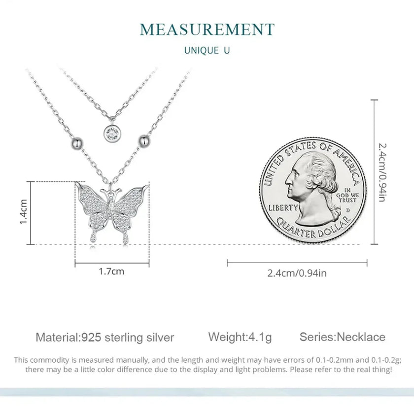925 Sterling Silver Double-layer Tassel Butterfly Pendant Necklace for Women - Elegant Fine jewelry