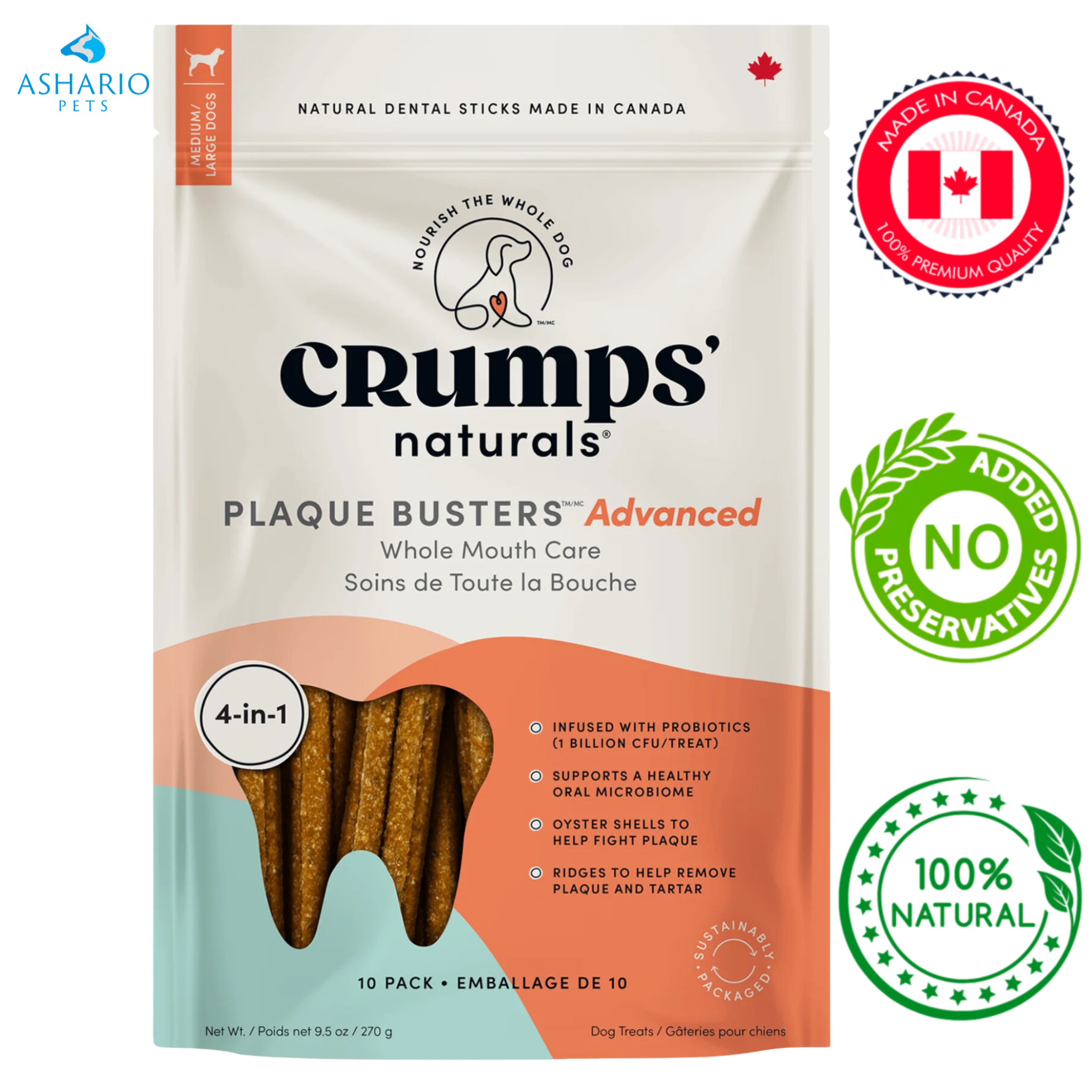 Crumps' Natural - Plaque Busters Advanced Whole Mouth Care Dental Sticks With Probiotics Dog Treats