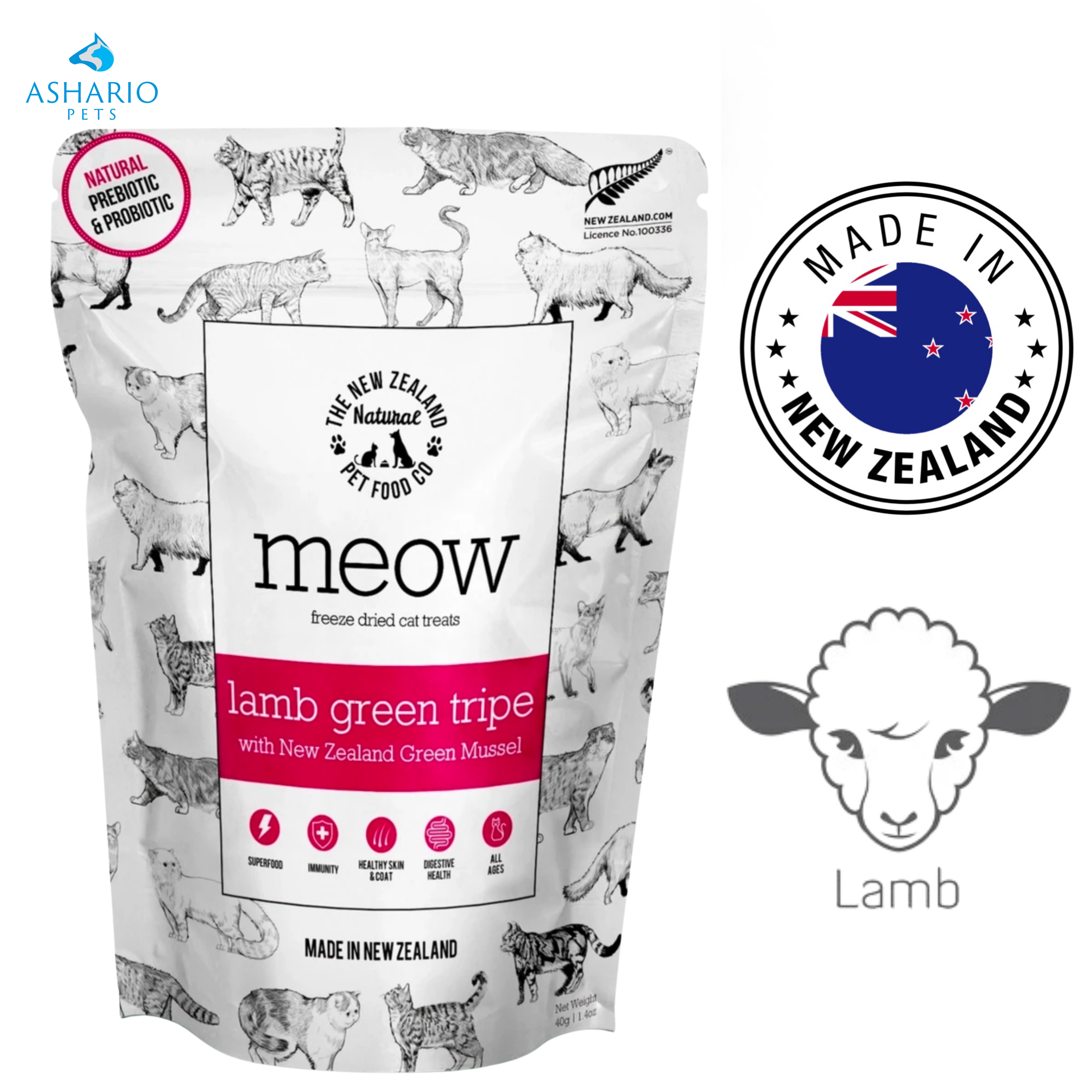 NZPF Meow - Lamb Green Tripe With Green Lipped Mussels Freeze Dried Cat Treats
