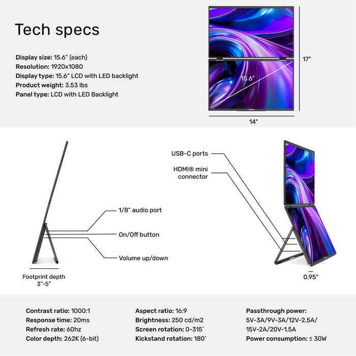 SideTrak - Laptop Monitor 15.6in Solo Book Stacked Dual Portable Monitor Hinge Design Auto Rotate 360 Degrees with Neoprene Sleeve PC/MAC/Chrome/Console Gaming BIL - Black