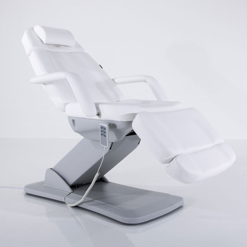 Table de soins du visage électrique 3 sections, couleur argent et blanc, avec accoudoirs.