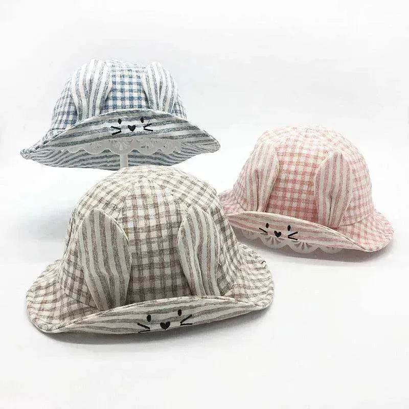Small Fine Grid Love Rabbit Ears Basin Fisherman Baby Hat