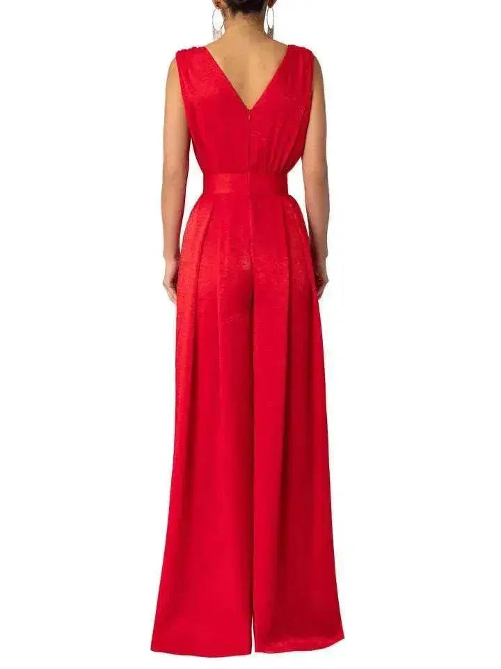 Solid Color And V-neck High Waist Wide Leg Jumpsuit