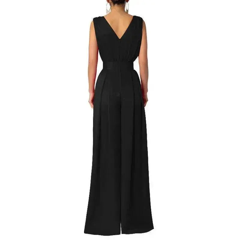 Solid Color And V-neck High Waist Wide Leg Jumpsuit