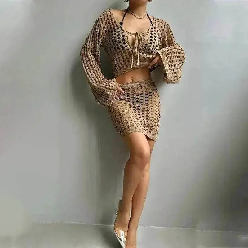 Solid Color Knitted Stand-up Collar Bikini Swimsuit Blouse Suit