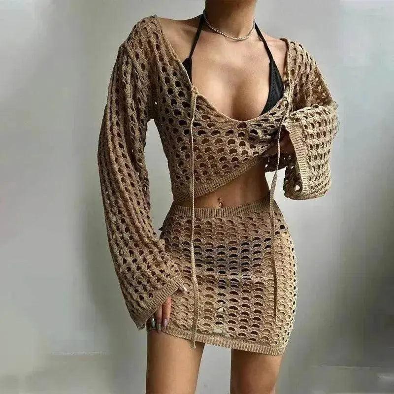 Solid Color Knitted Stand-up Collar Bikini Swimsuit Blouse Suit