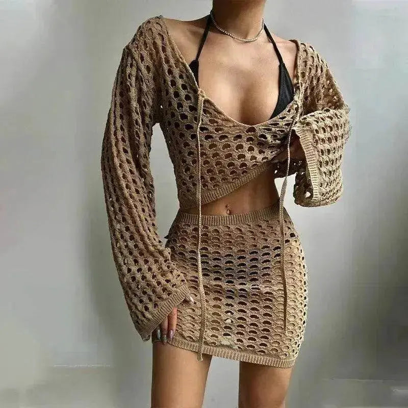 Solid Color Knitted Stand-up Collar Bikini Swimsuit Blouse Suit