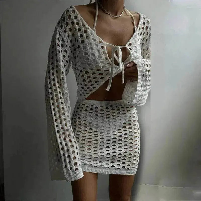 Solid Color Knitted Stand-up Collar Bikini Swimsuit Blouse Suit