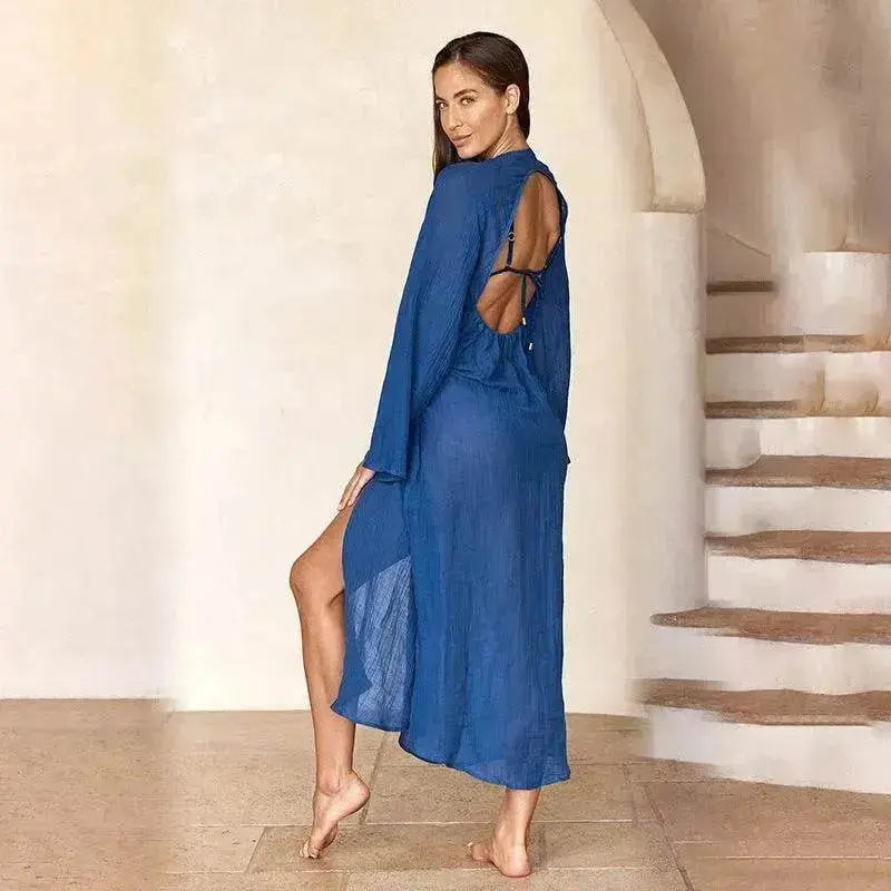 Solid Color Midriff Outfit Beach Bikini Swimsuit Blouse