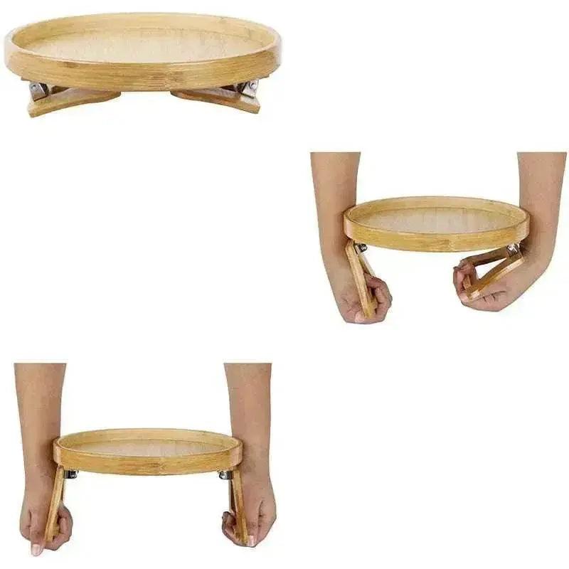 Solid Wood Round Storage Bamboo With Legs Sofa Arm Foldable Tray Table