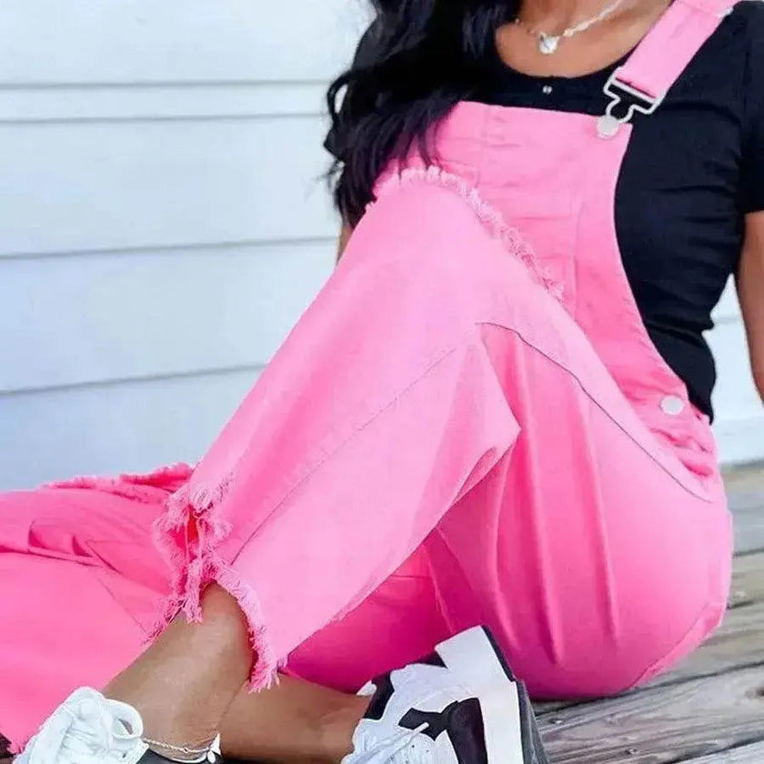Solid pink Wide Leg Denim Suspender Pants Women Street Ripped Jumpsuit