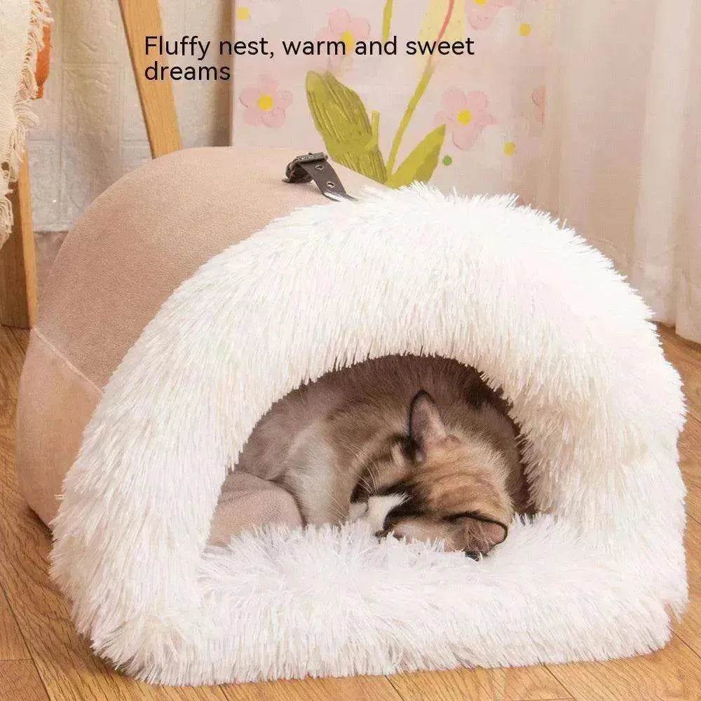 Portable Pet Nest Warm Dog & Cat Bed with Semi-Enclosed Design