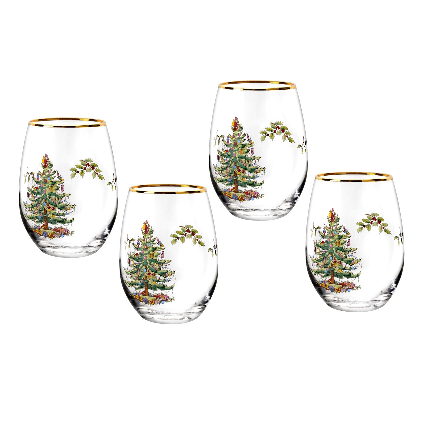 Spode - Christmas Tree - Stemless Wine Glasses (Set of 4) | 19 Oz