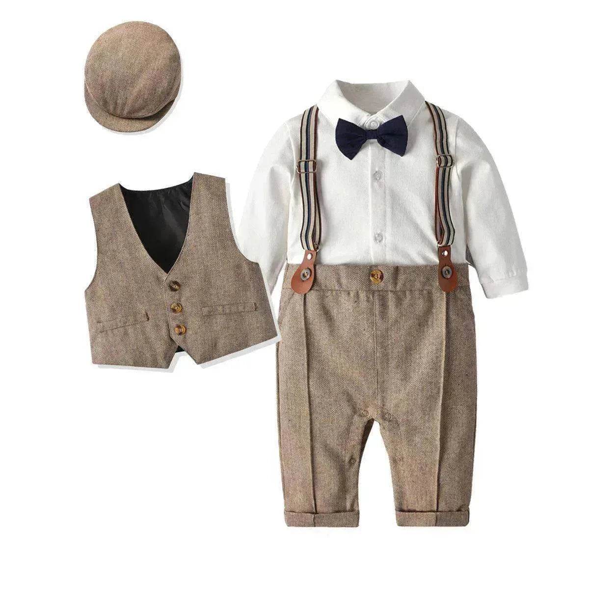 Spring And Autumn Children'S Clothing Infant And Young Children'S British Waistcoat One-Piece Climbing Gentleman'S Hat One-Year-Old Clothes Newborn Gentleman'S Suit