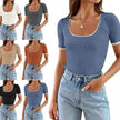 Square Collar Basic Short Sleeve Casual All-matching T-shirt Tops