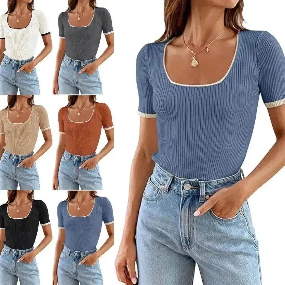 Square Collar Basic Short Sleeve Casual All-matching T-shirt Tops