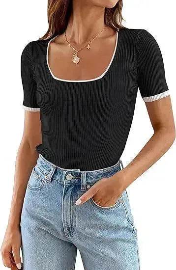 Square Collar Basic Short Sleeve Casual All-matching T-shirt Tops
