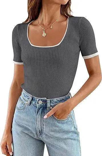 Square Collar Basic Short Sleeve Casual All-matching T-shirt Tops
