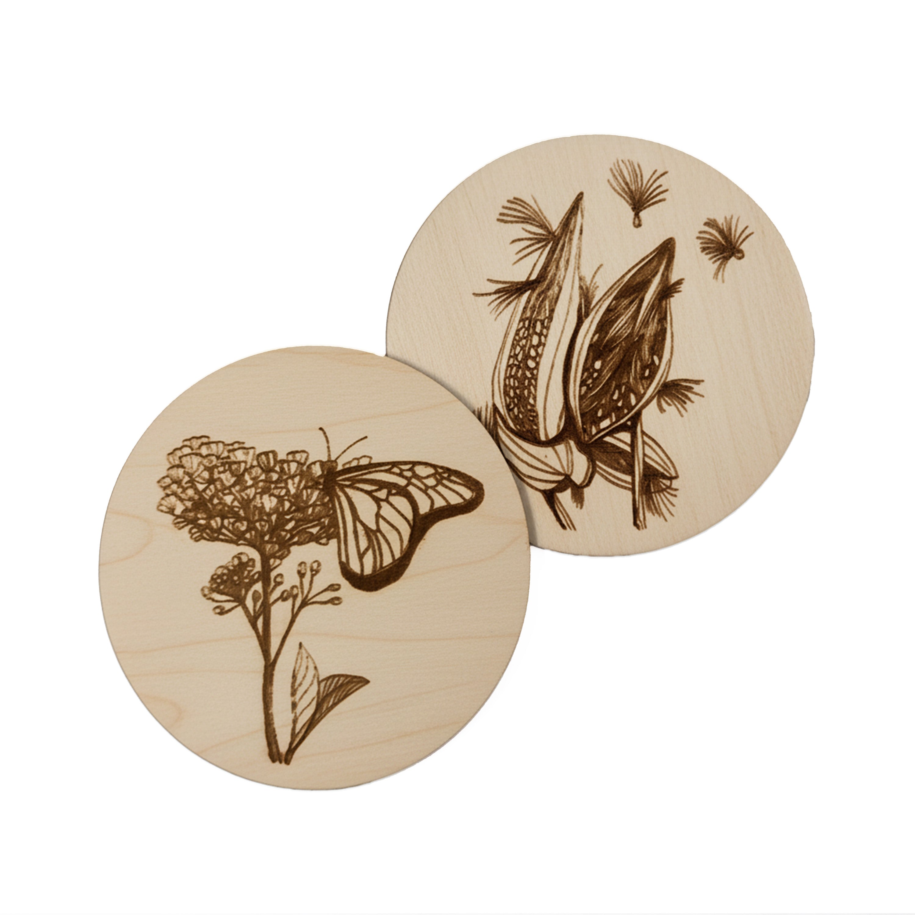Sous-verres en bois Asclépiade et Monarque - gravés au laser