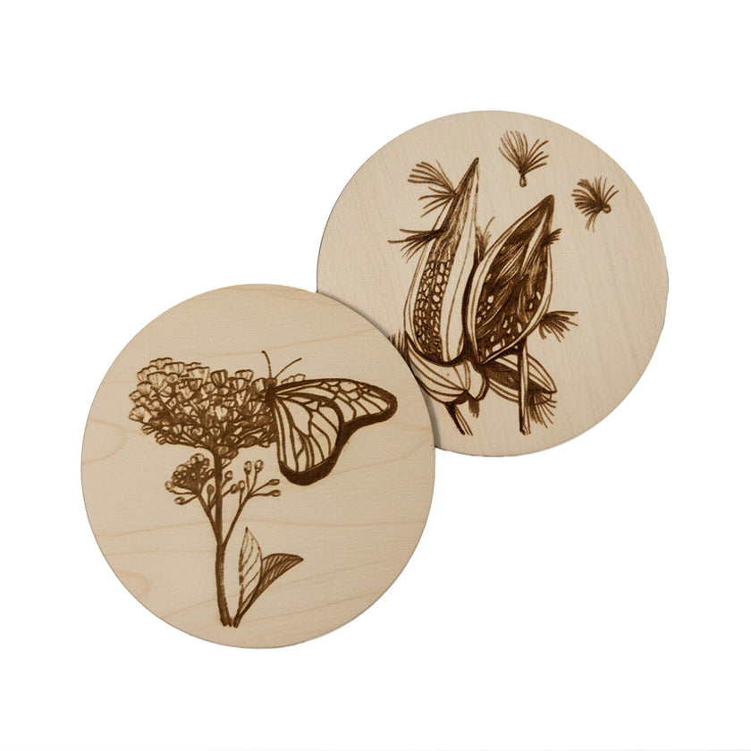 Sous-verres en bois Asclépiade et Monarque - gravés au laser