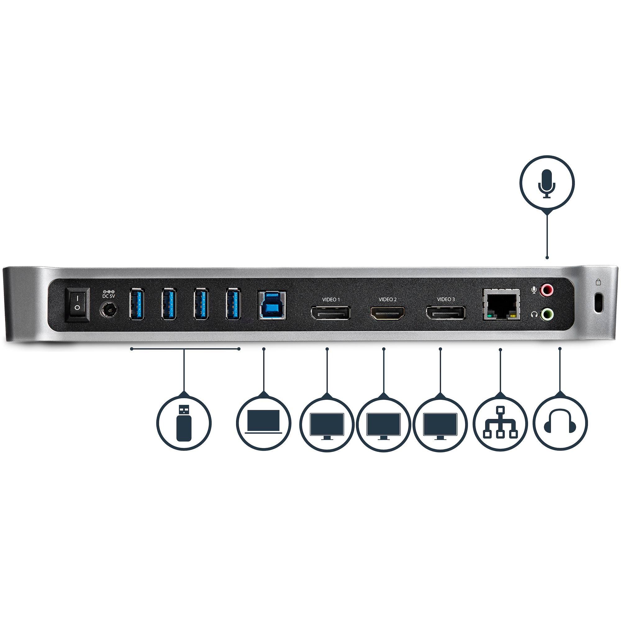 StarTech - Docking Station Triple Monitor USB-A 30 HDMI & 2 DisplayPort PC/Mac - Black & Silver